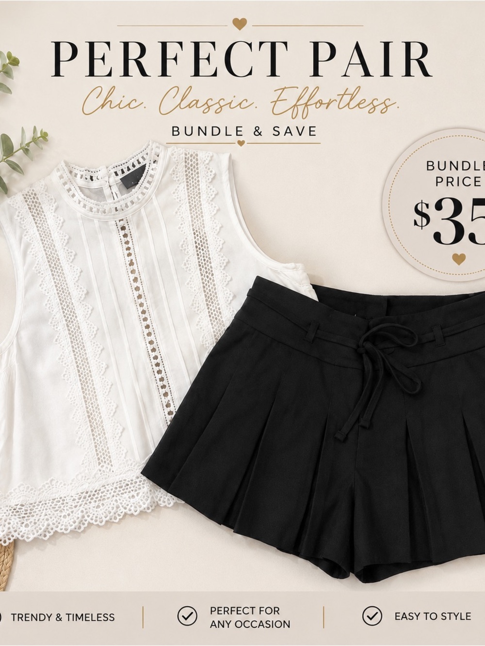 White Lace Trim Sleeveless Top & Black Pleated skort by hollister.